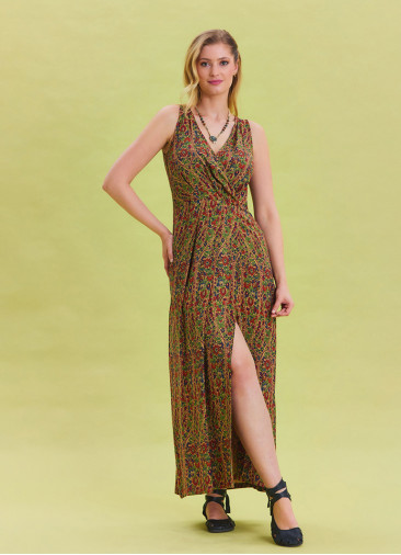 V Neck Slit Detail Patterned Green Long Dress 4455